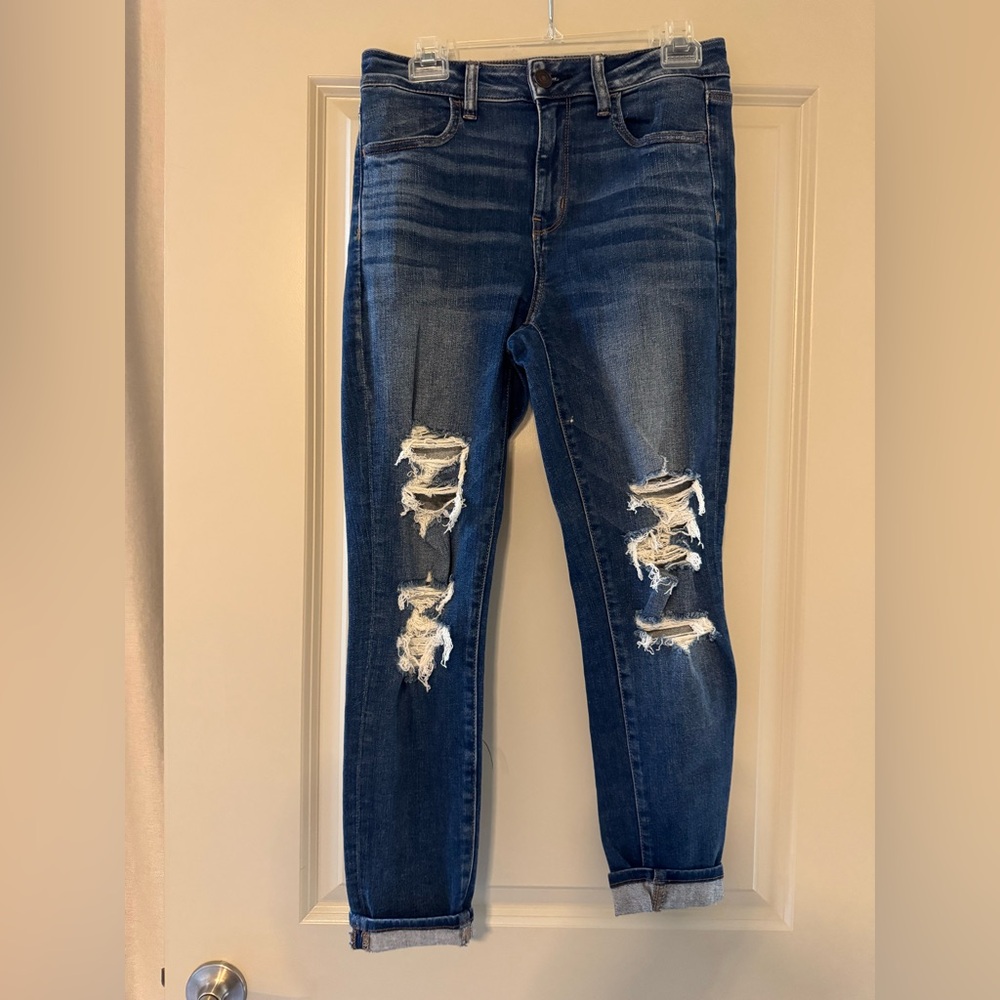 American Eagle Outfitters Dark Blue Distressed Women's Hi-Rise Jegging